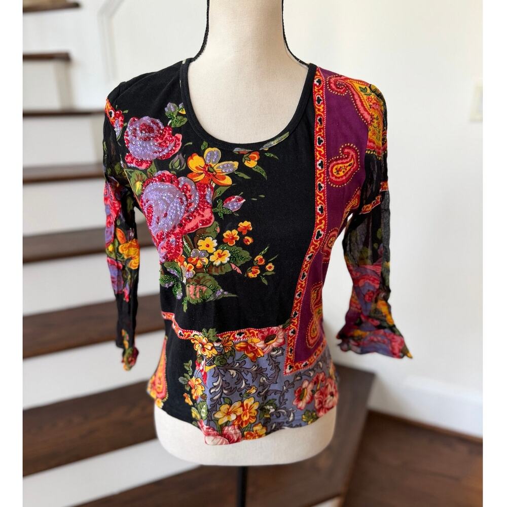Y2K Black Boho Beaded Floral Paisley Patchwork Shirt Whimsygoth Witchy Fairy